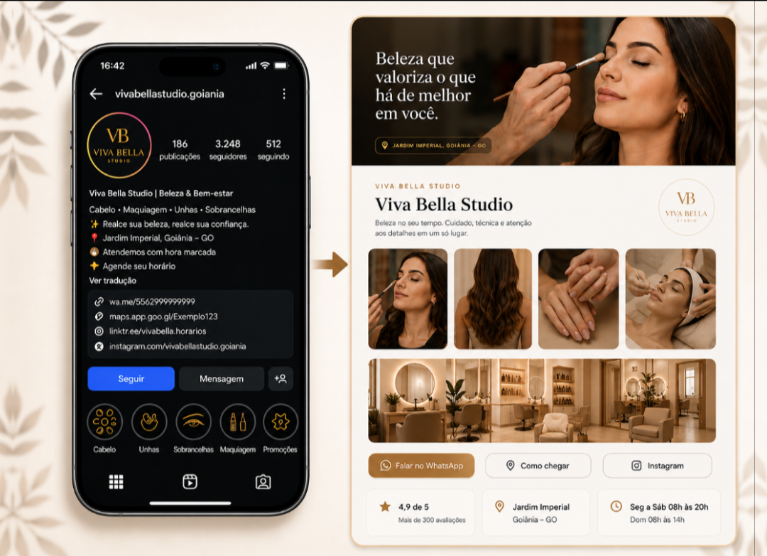 Comparação visual entre Instagram bio e Mini Site profissional criado pela Vellora Studio
